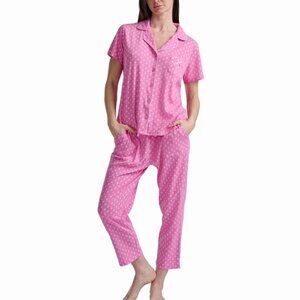 NWT Karen Neuburger Notch Collar 2Piece Slim Leg Pajama Set White Pink Geometric